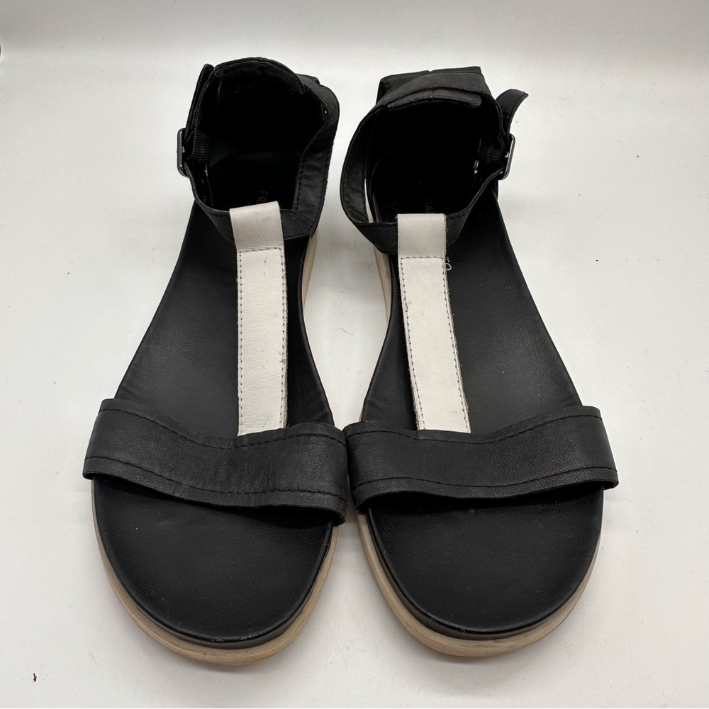 Franco Sarto T-Strap Black & White Leather Size 10 Sandals